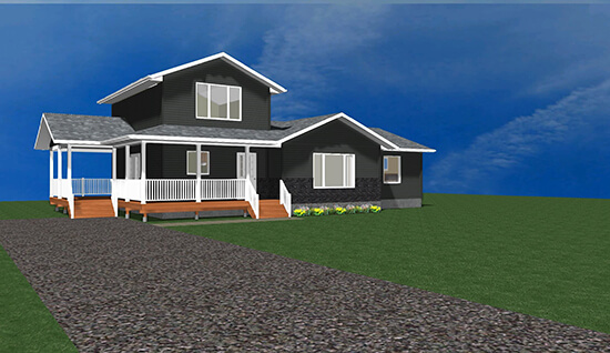 Small bungalow with a 2 storey addition and a wrap around deck